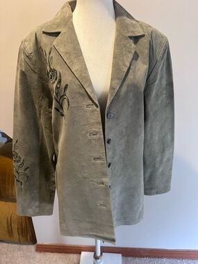 Victor Costa Olive Suede Embroidered Blazer